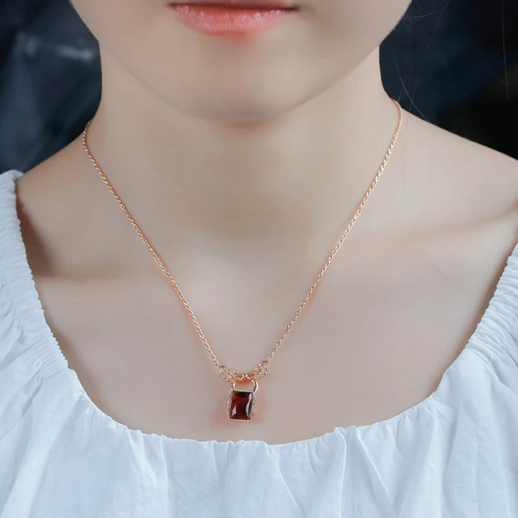 Emotional925 Sterling Silver 14K Gold Plated Gemstones Rectangles Leaf Carving Pendant Geometric Reclaimed Smoky Amber Necklace