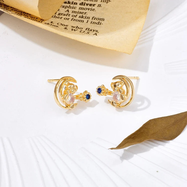 Emotional Factory 925 Sterling Silver 14K Gold Plated Gemstone Bear Moon Star Earrings