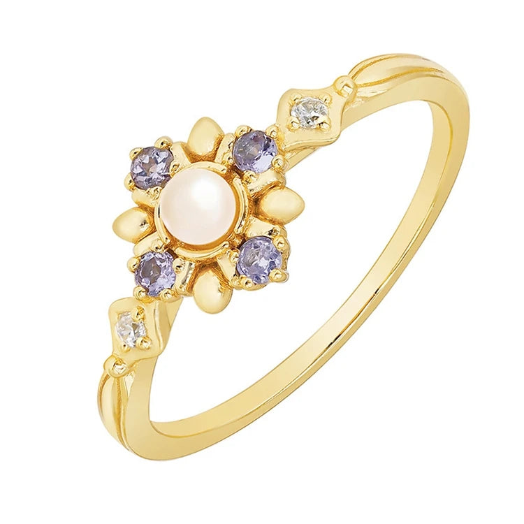Emotional Factory 925 Sterling Silver 14K Gold Plated Gemstones Flower Rainbow Pearl Tanzanite Stone Ring