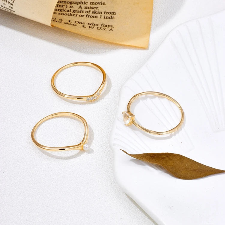925 Sterling Silver 14K Gold Plated Gemstone Zircon White Crystal Natural Freshwater Pearls Three Piece Ring