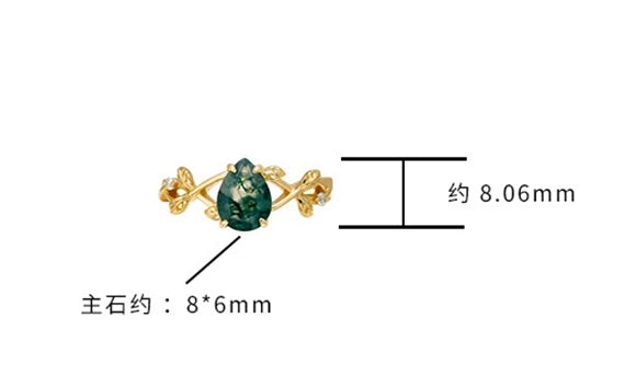 Emotional Factory 925 Sterling Silver 14K Gold Plated Gem Stone Gemstone Cz Zircon Vine Drops Moss Agate Ring