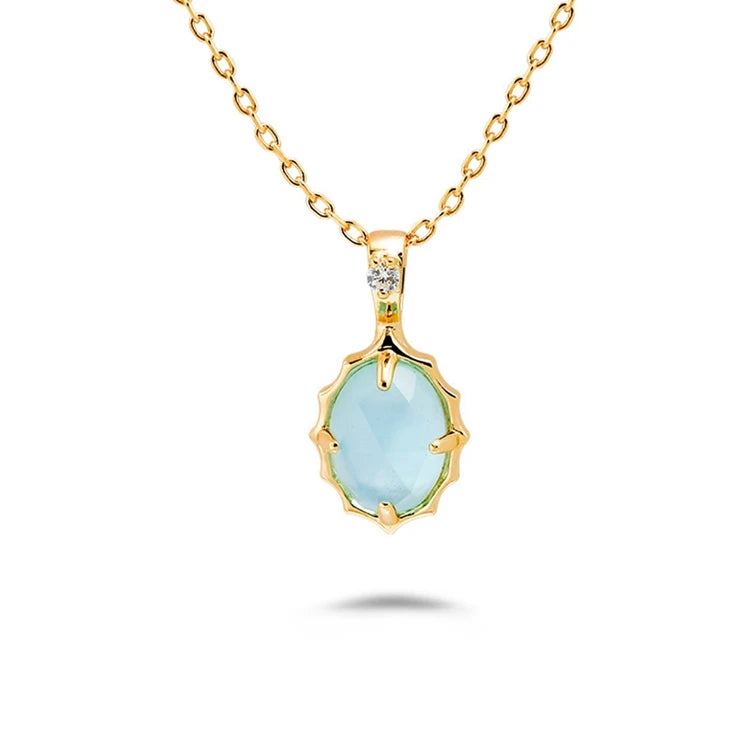 Factory 925 Sterling Silver 14K Gold Plated Gem Stone Gemstone Retro  Cz Zircon Round White Shell Sky Blue Glass Necklace