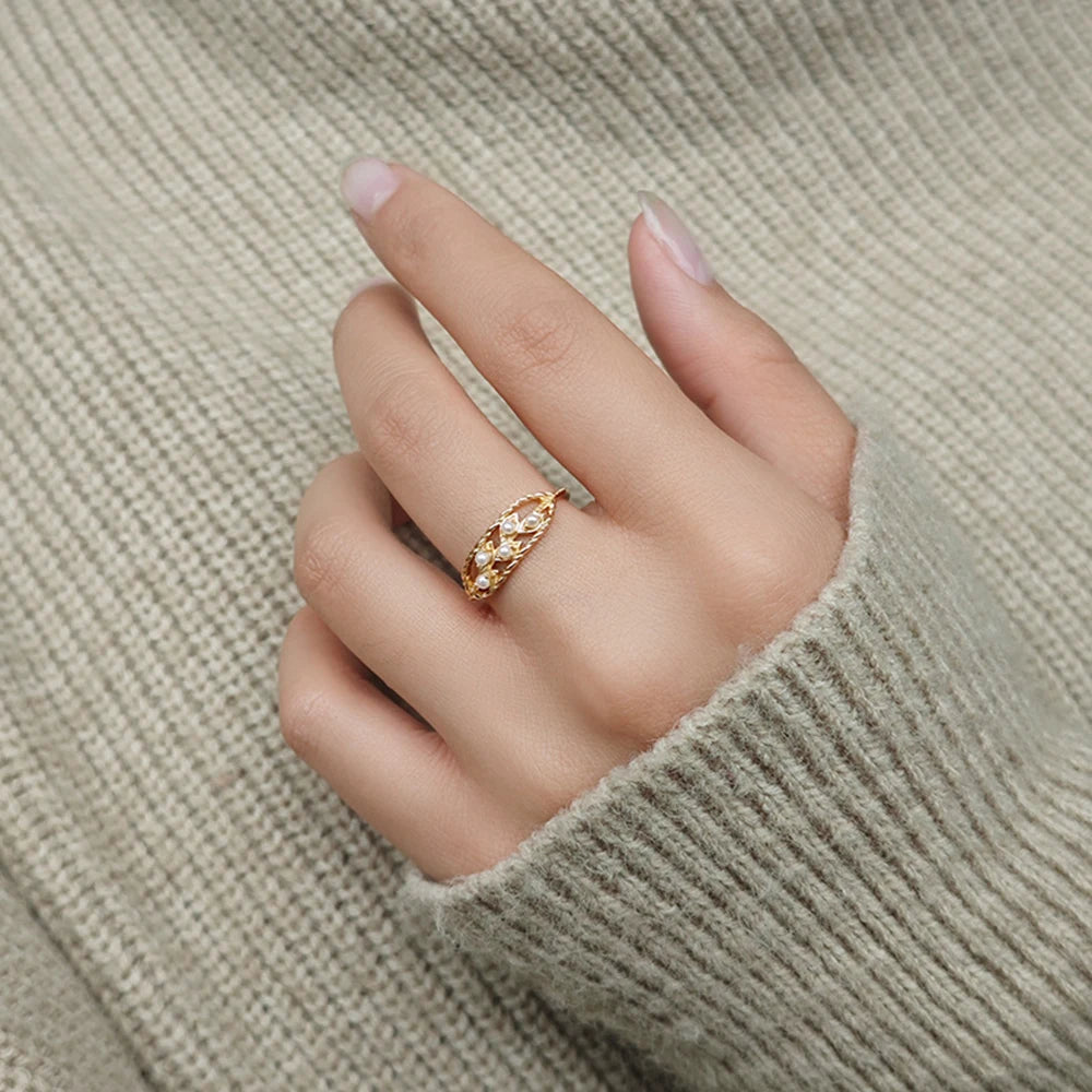 Emotional Factory 925 Sterling Silver 14K Gold Plated Gemstone Skeleton Leaf Hollow Pearl Ring