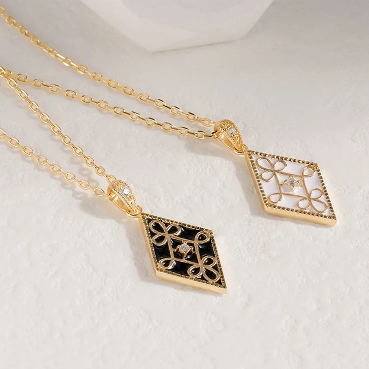 Geometric Diamond Openwork Window Flower Enamel Chain Necklace