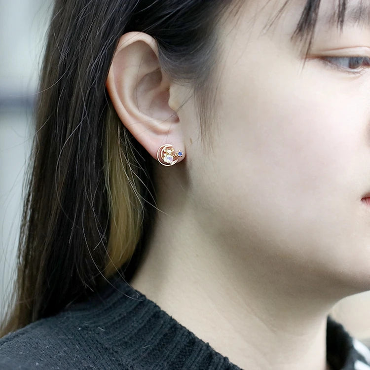 Emotional Factory 925 Sterling Silver 14K Gold Plated Gemstone Bear Moon Star Earrings