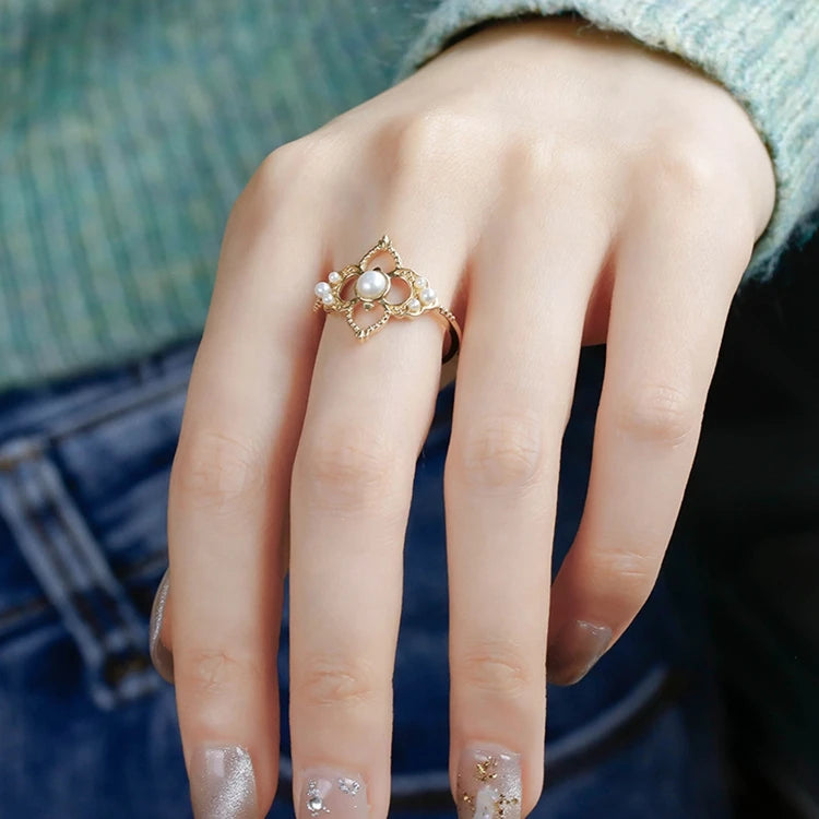 Emotional Factory 925 Sterling Silver 14K Gold Plated Gemstone Retro Hollow Ring Flower Pearl Necklace