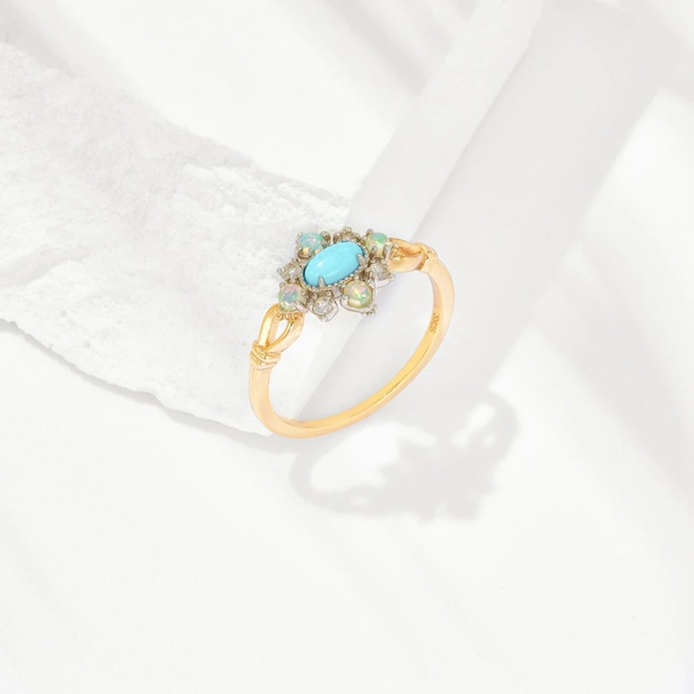 Gem Vintage Anemone Rhombus Natural Turquoise Opal Topaz Ring