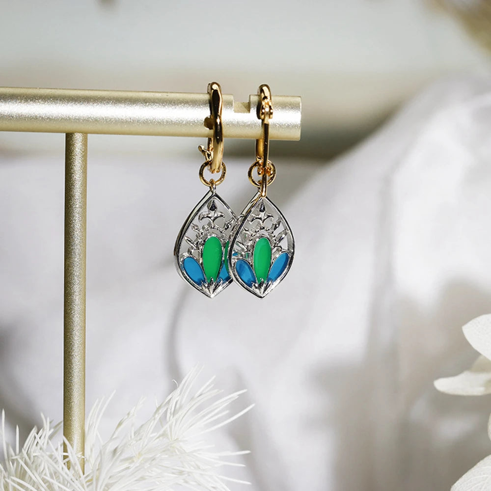 925 Sterling Silver 14K Gold Plated Gem Stone Gemstone Literary Retro Ring Classical Elegant Enamel Hoop Earrings