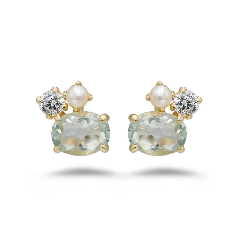 14K Gold Plated 925 Sterling Silver Earrings with Green Amethyst, Pearl, and Sparkling Zircon - Elegant Gemstone Cloud Design