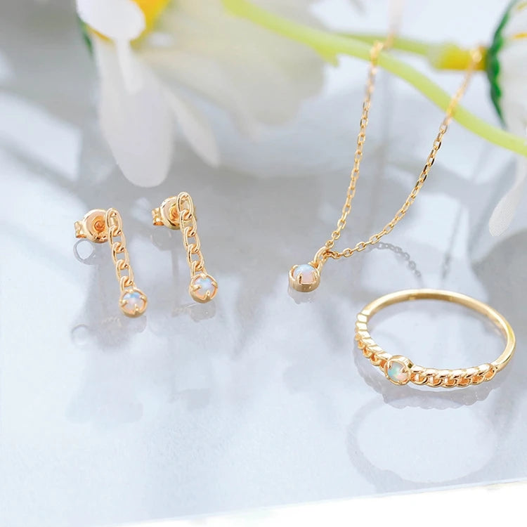 Emotional Factory 925 Sterling Silver 14K Gold Plated Gemstones Vintage Artificial Opal Simple Bead Chain Shaped Earrings