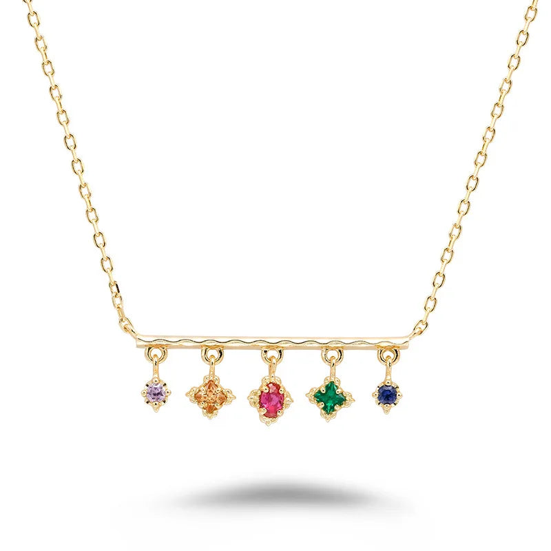 925 Sterling Silver 14K Gold Plated Gemstone Purple Zirconia Champagne Zirconia Red Green Nano Stone Blue Corundum Necklace