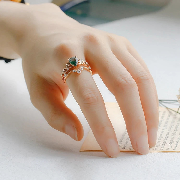 Emotional Factory 925 Sterling Silver 14K Gold Plated Gem Stone Gemstone Drop Alexandrite Moss Agate Ring Set