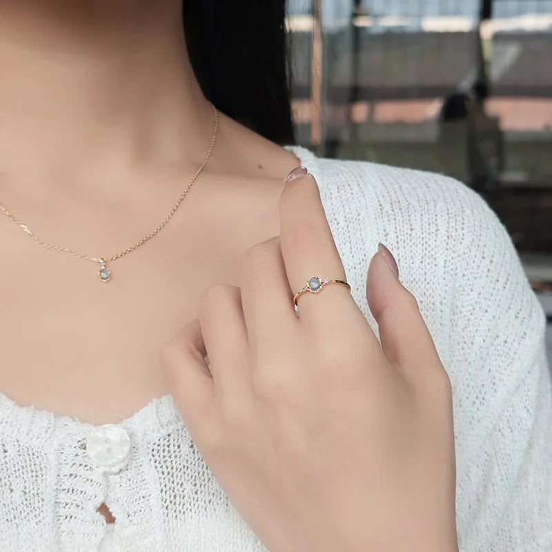 Emotional Factory 925 Sterling Silver 14K Gold Plated Gemstone Geometric Tanzanite Natural Aquamarine Ring Set