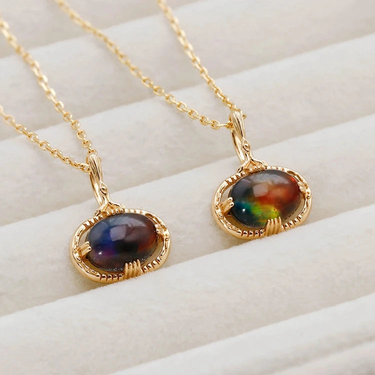 Emotional Factory 925 Sterling Silver 14K Gold Plated Gemstone Oval Natural Stone Ammolite Necklace