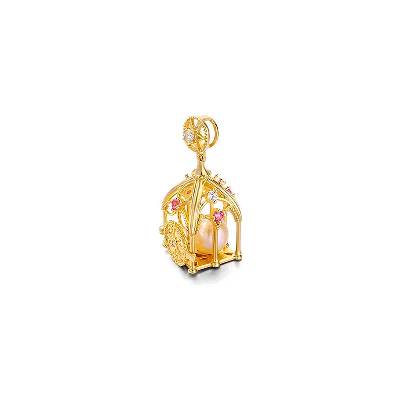 925 Sterling Silver 14K Gold Plated Fairy Tale Pumpkin Carriage Three-Dimensional Design Pearls Open Bird Cage Lockets Pendant