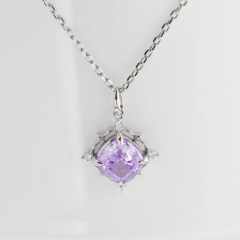 Emotional Factory 925 Sterling Silver 14K Gold Plated Gemstone Geometric Square Lavender Color Ice White Zirconia Necklace