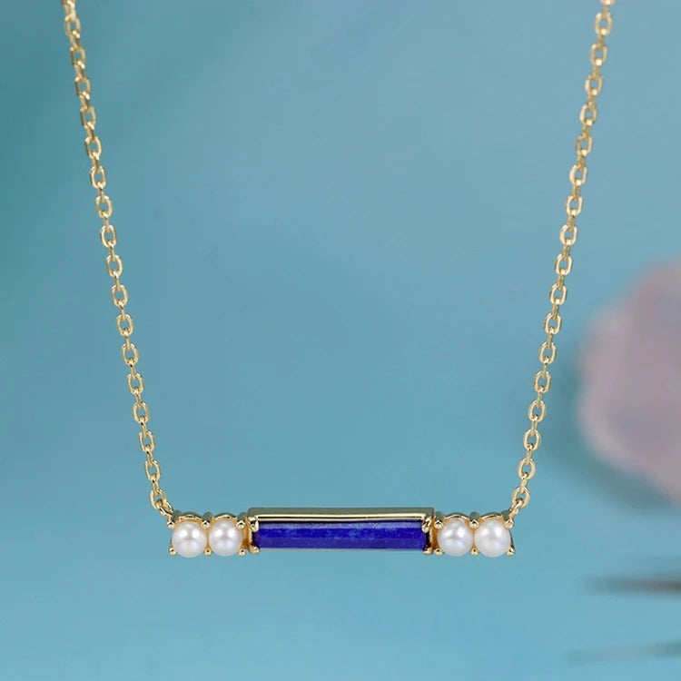 Gemstone Emotional Factory 925 Sterling Silver 14K Gold Plated Lapis Lazuli Horizontal Freshwater Pearl Necklace