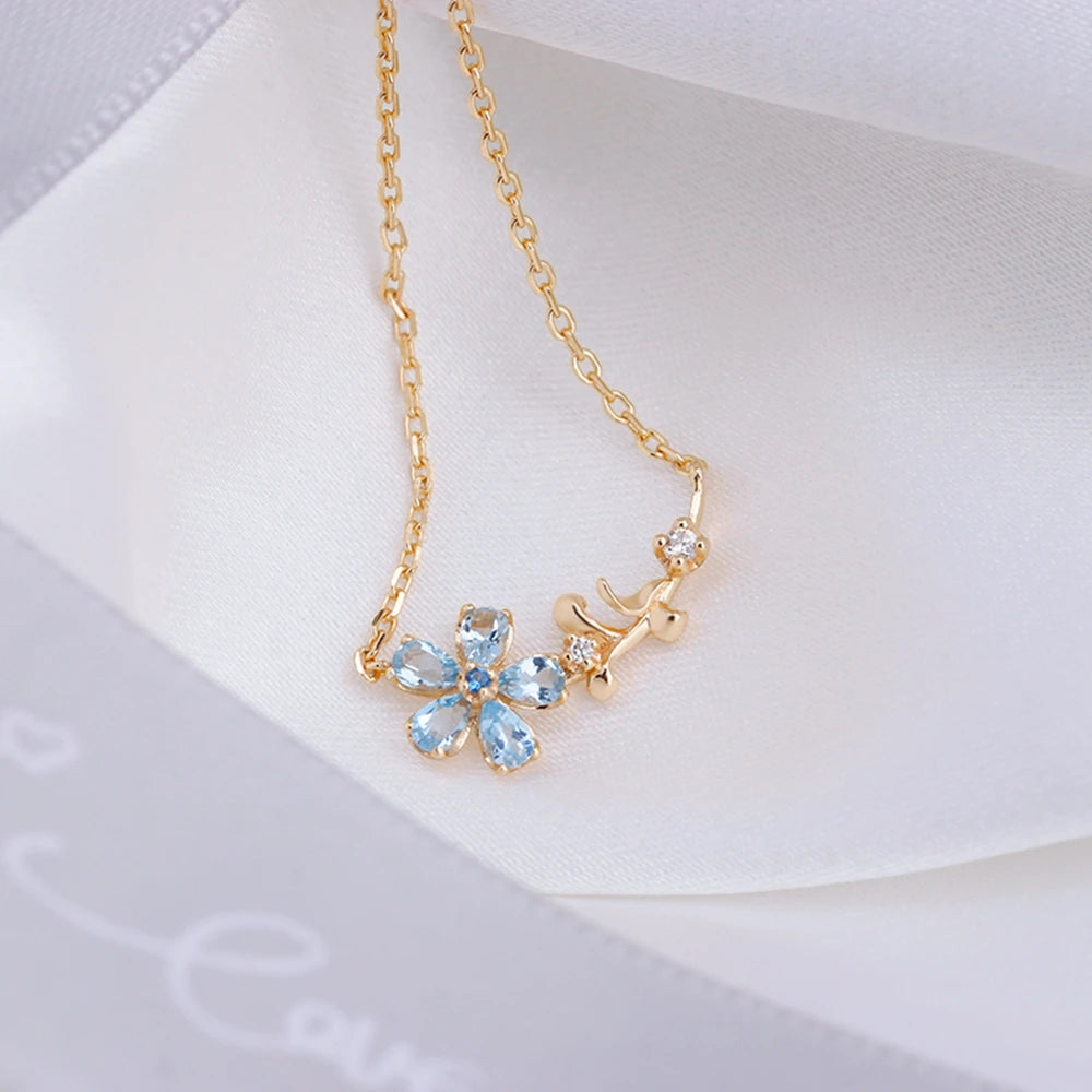 Emotional Factory 925 Sterling Silver 14K Gold Plated Gemstone Series Blue Topaz Flowers Clavicle Chain Necklace