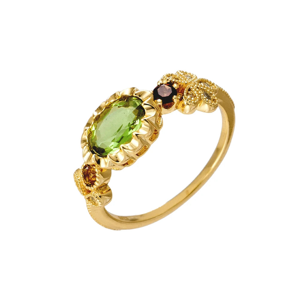 925 Sterling Silver 14K Gold Plated Palace Wind Flowers Green Peridot Red Garnet Citrine Ring