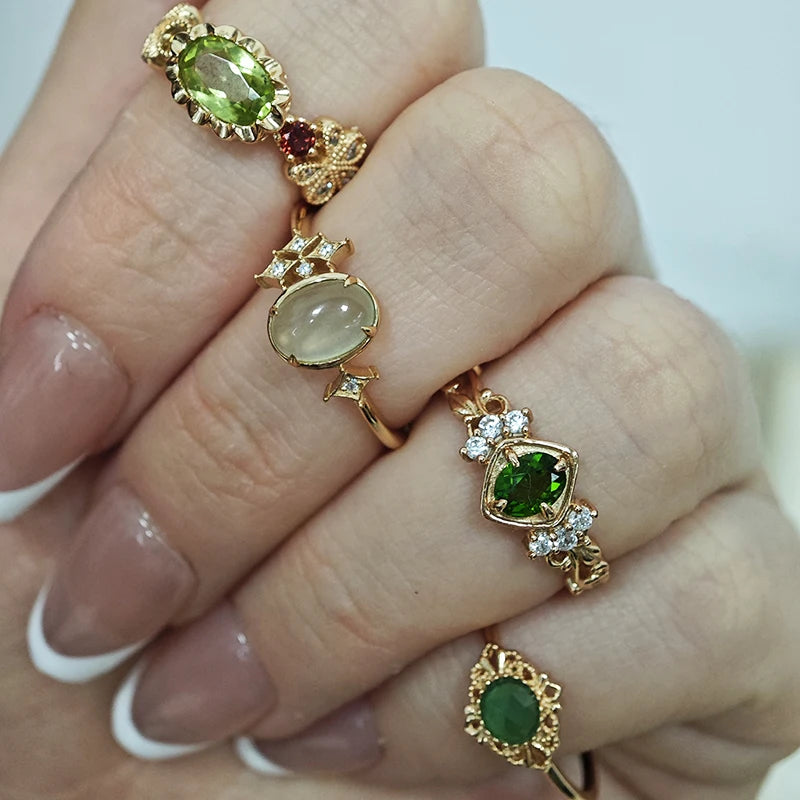 Emotional Factory 925 Sterling Silver 14K Plated Gemstone Gold Tourmaline Green Peridot Flower Prehnite Ring