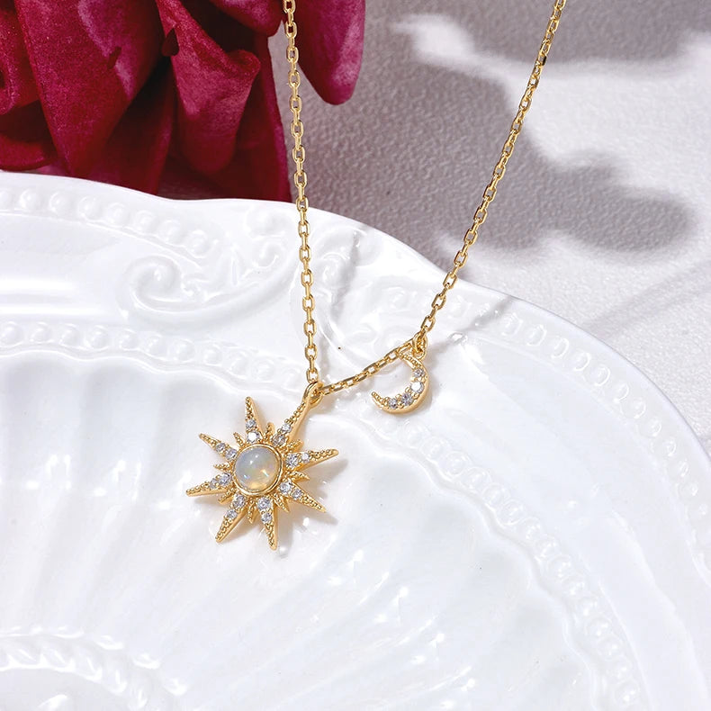 Emotional Factory Jewelry 925 Sterling Silver 14K Gold Plated Gemstone Series African Opal Gems Moon Sun Necklace