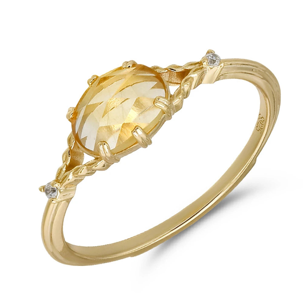 Joyeria Plata 925 Conjunto 925 Sterling Silver 14K Gold Plated Gemstone Geometrical Egg-Shaped Rings Spring Flowers Citrine Ring
