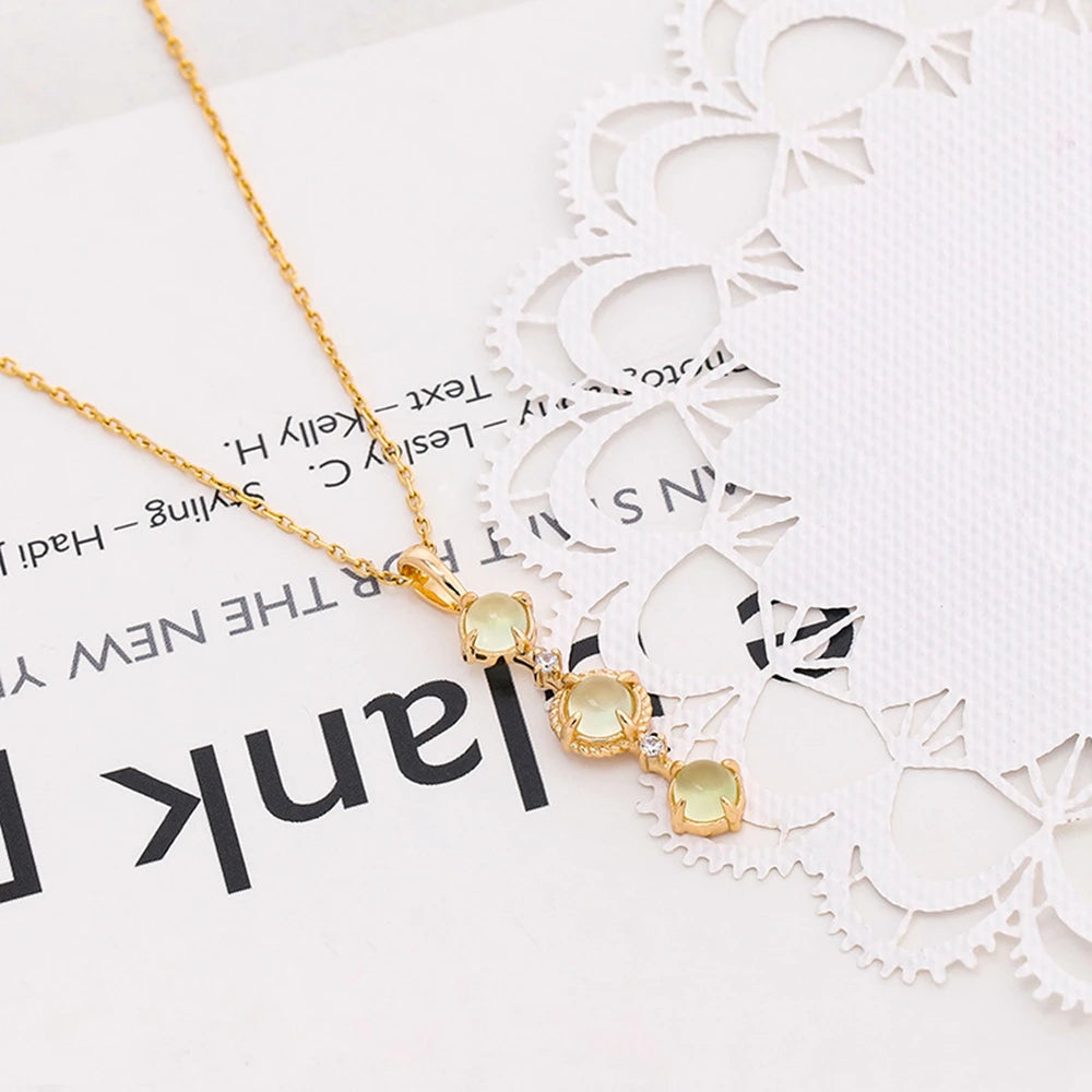 Emotional Factory 925 Sterling Silver 14K Gold Plated Gem Stone Gemstone Retro Cz Zircon Prehnite 3 Stone Necklace