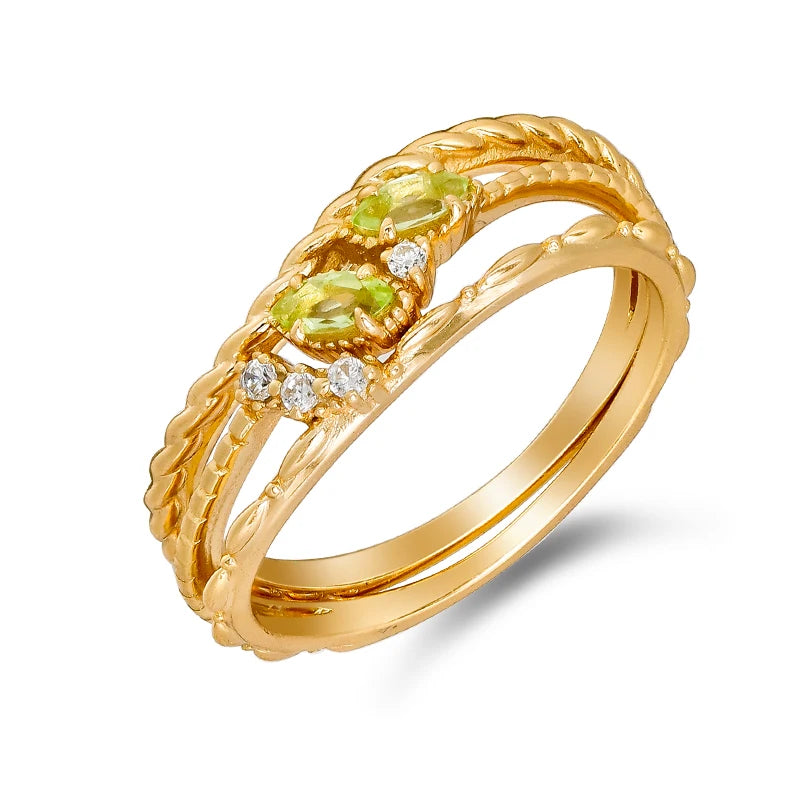 Spring 2024 New Arrival Japanese Simplicity and Niche Wave Curves Design S925 Silver Plated 14k Olivine Set Ring