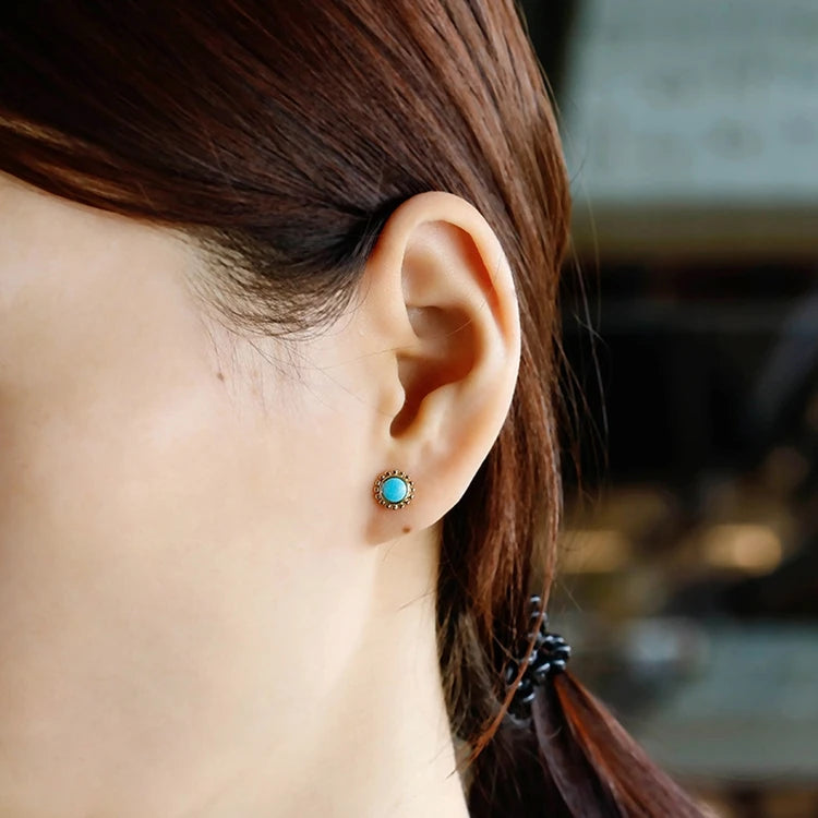 Emotional Factory 925 Sterling Silver 14K Gold Plated Gemstone Round Bead Flower Natural Turquoise Stud Earrings