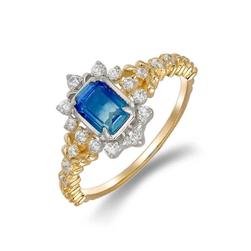 Japanese Light Luxury 14K Gold Plated Green Blue Glass White Zircon Stone Two Tone Silver Ring