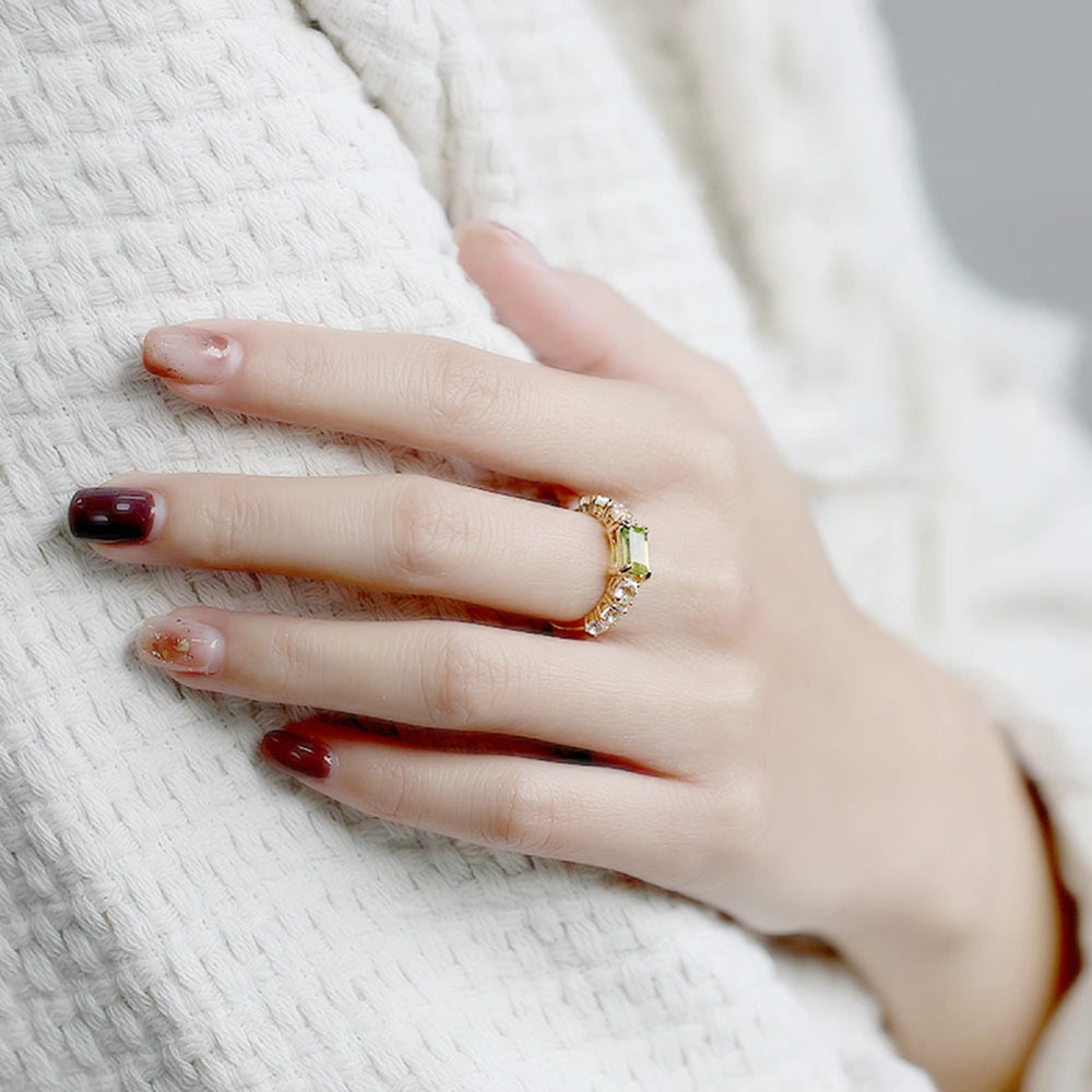 925 Sterling Silver 14K Gold Plated Rectangle Rectangular Green Peridot Ring Topaz Rings