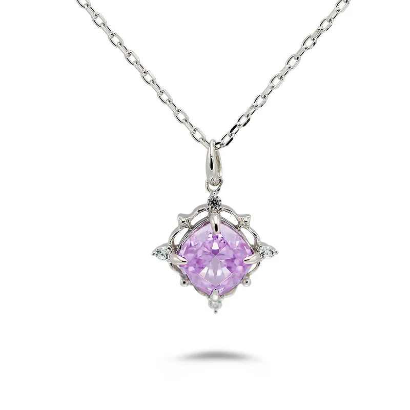 Emotional Factory 925 Sterling Silver 14K Gold Plated Gemstone Geometric Square Lavender Color Ice White Zirconia Necklace