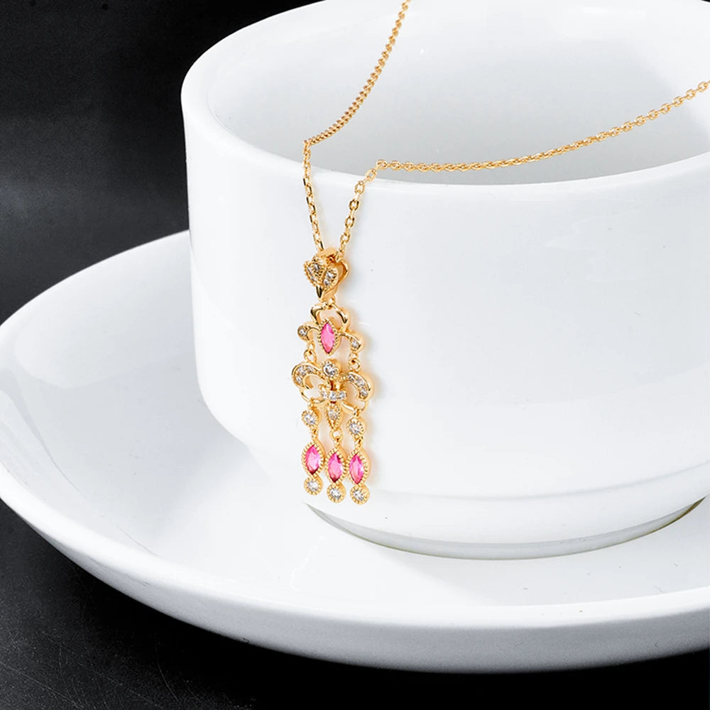 Emotional Factory Jewelry 925 Sterling Silver 14K Gold Plated Gemstone Series Red Corundum White Zircon Tassel Necklace