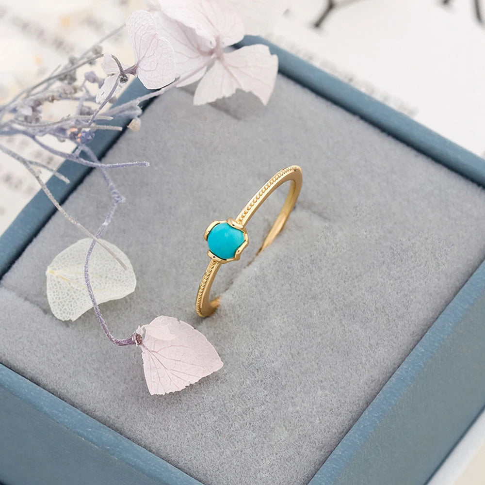 Emotional Factory 925 Sterling Silver 14K Gold Plated Gem Stone Gemstone Simpler Turquoise Opal Ring