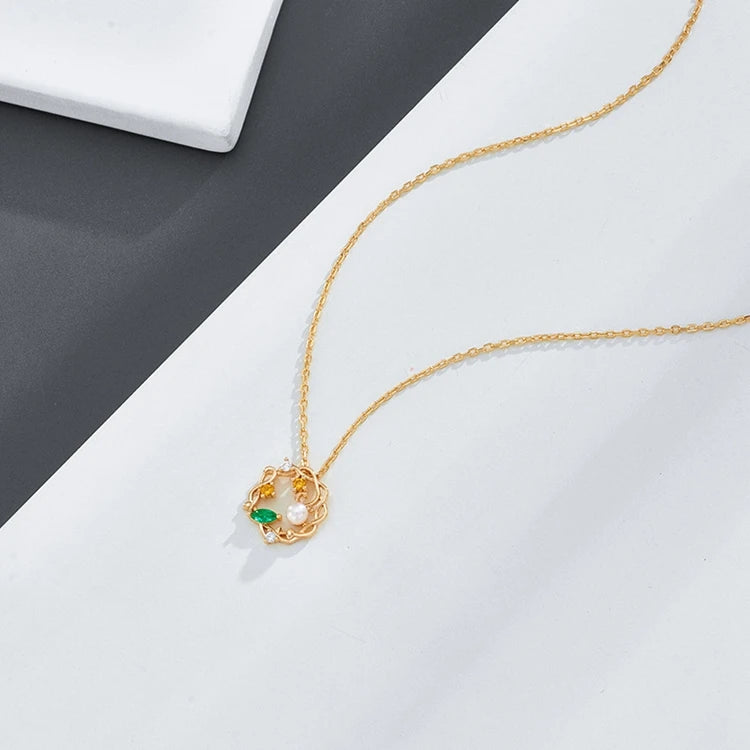 Emotional Factory 925 Sterling Silver 14K Gold Plated Gemstone Freshwater Pearl Crystal Round Necklace Flower Necklace