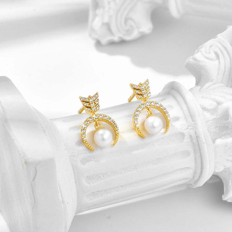 Emotional Factory 925 Sterling Silver 14K Gold Plated Gemstones Arrowhead Arrow Moon Natural Freshwater Pearl Stud Earrings