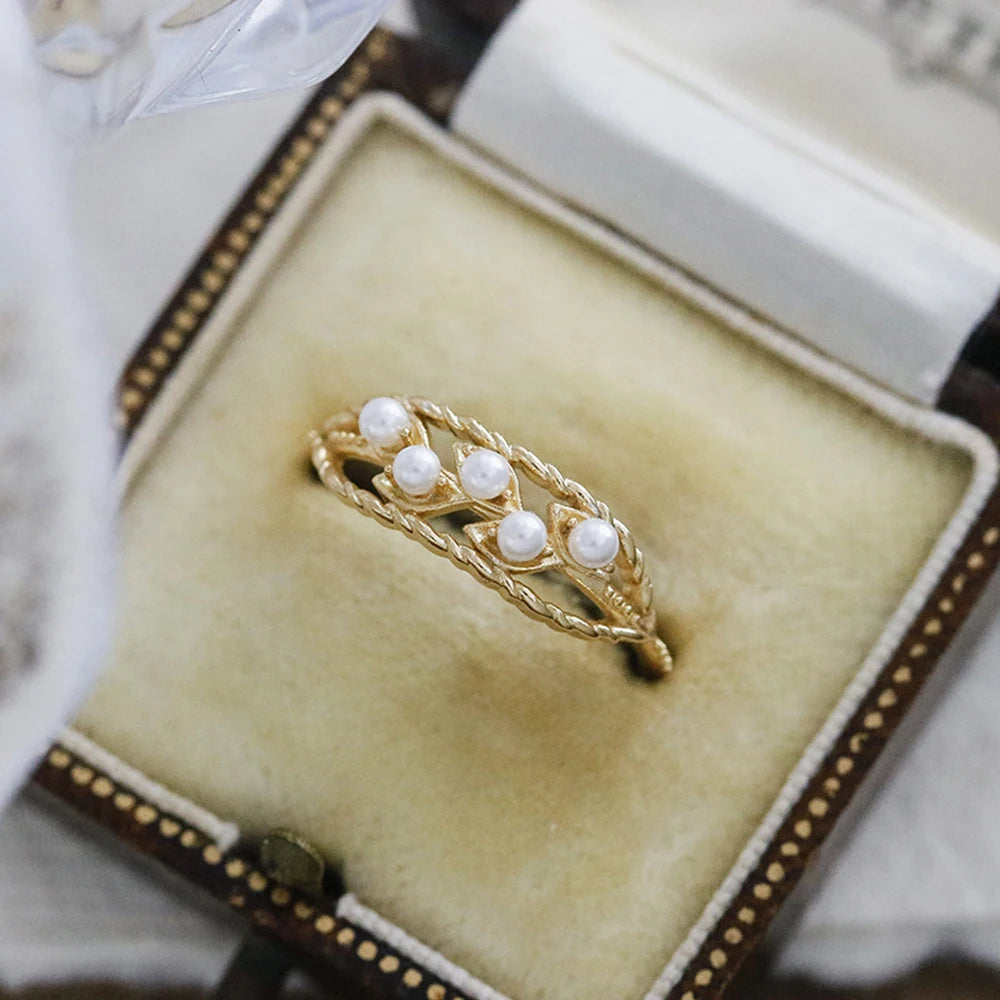 Emotional Factory 925 Sterling Silver 14K Gold Plated Gemstone Skeleton Leaf Hollow Pearl Ring