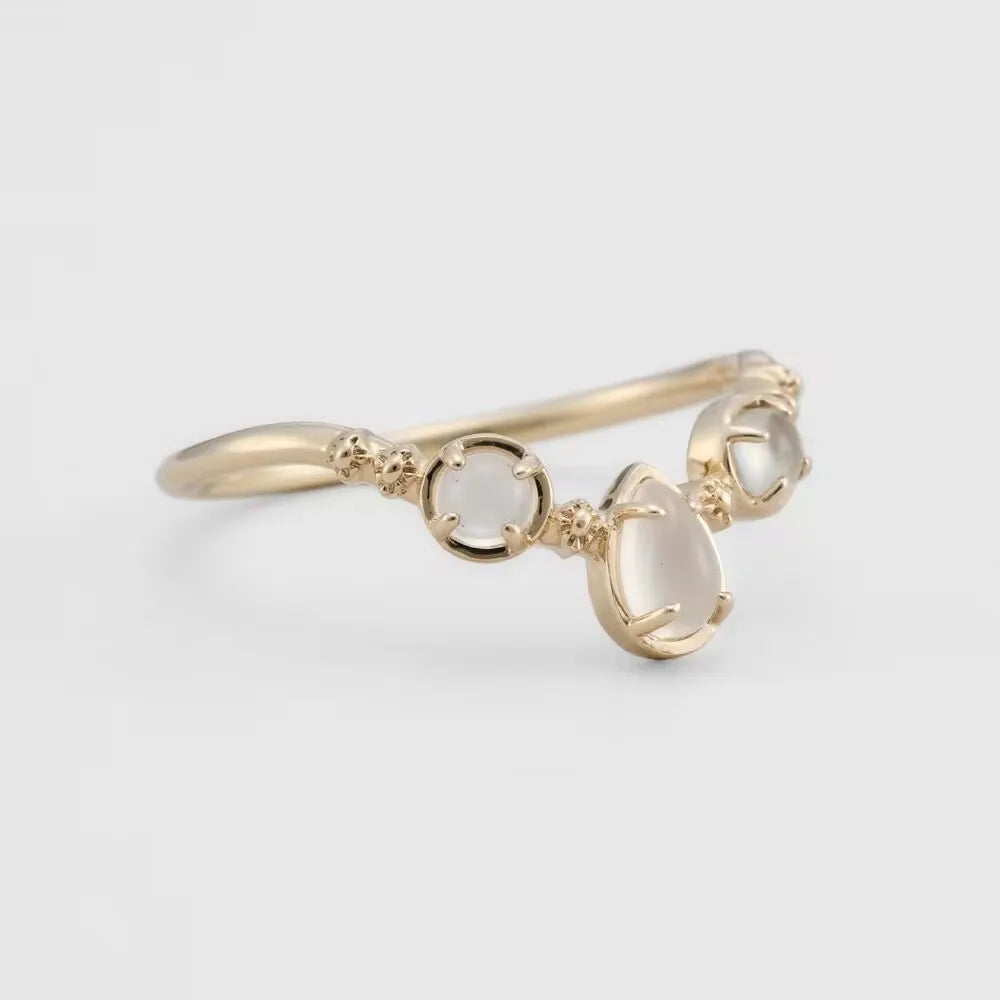 Factory Custom 925 Sterling Silver 14K Gold Plated Gemstone Round Drop White Moonstone V Shaped Ring