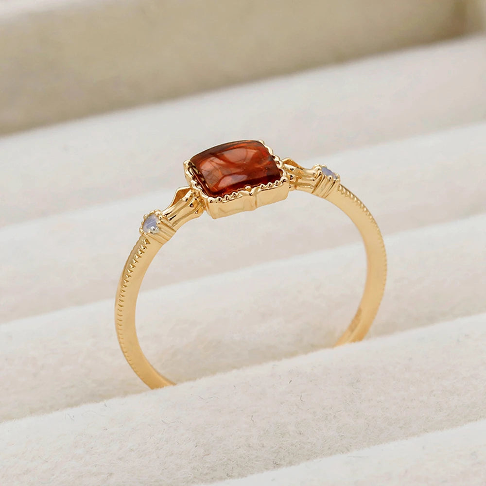 925 Sterling Silver 14K Gold Plated Gemstone Vintage Courtly Style Ring Opal  Artificial Amber Rings