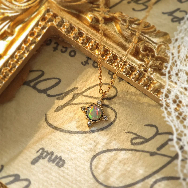 Emotional Factory 925 Sterling Silver 14K Gold Plated Gemstone Sun Sample Round Stone Vintage Fantasy Opal Necklace
