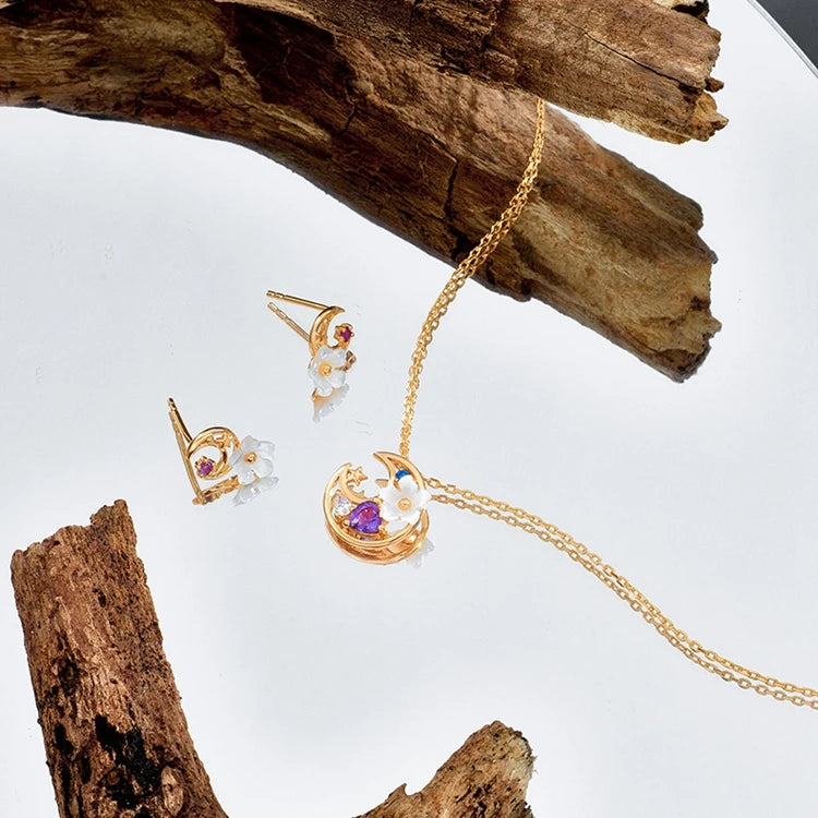 Emotional Factory 925 Sterling Silver 14K Gold Plated Gemstone Amethyst Moon Star White Shell Flower Necklace
