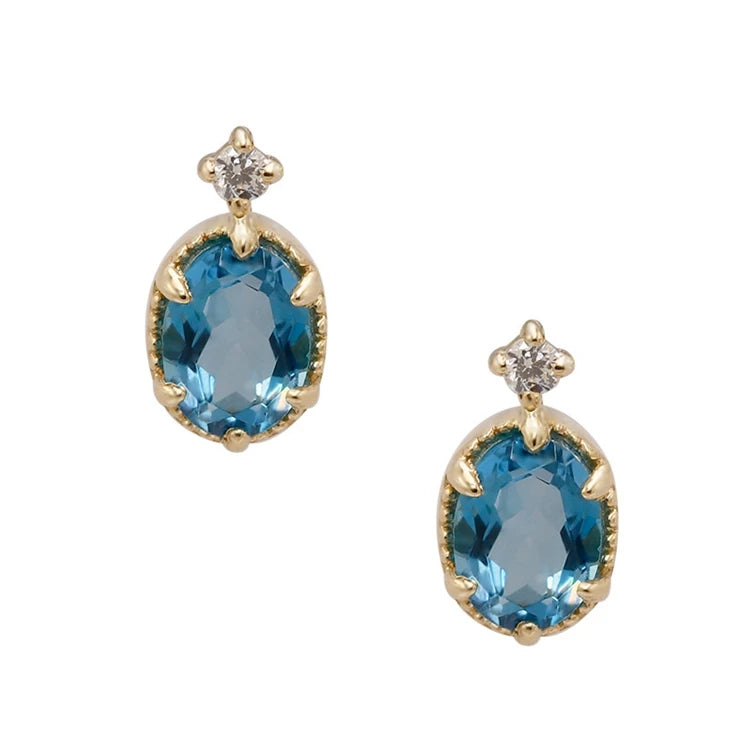 925 Sterling Silver 14K Gold Plated Gemstone Paw Set Stone Opal Blue Topaz Stud Earrings