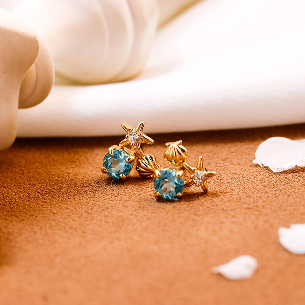 Emotional Factory 925 Sterling Silver 14K Gold Plated Gemstone Summer Star Shell Apatite Stud Earrings