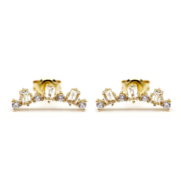 925 Sterling Silver 14K Gold Plated Gemstone Baguette Natural White Topaz Square Stone Vine Type Earrings