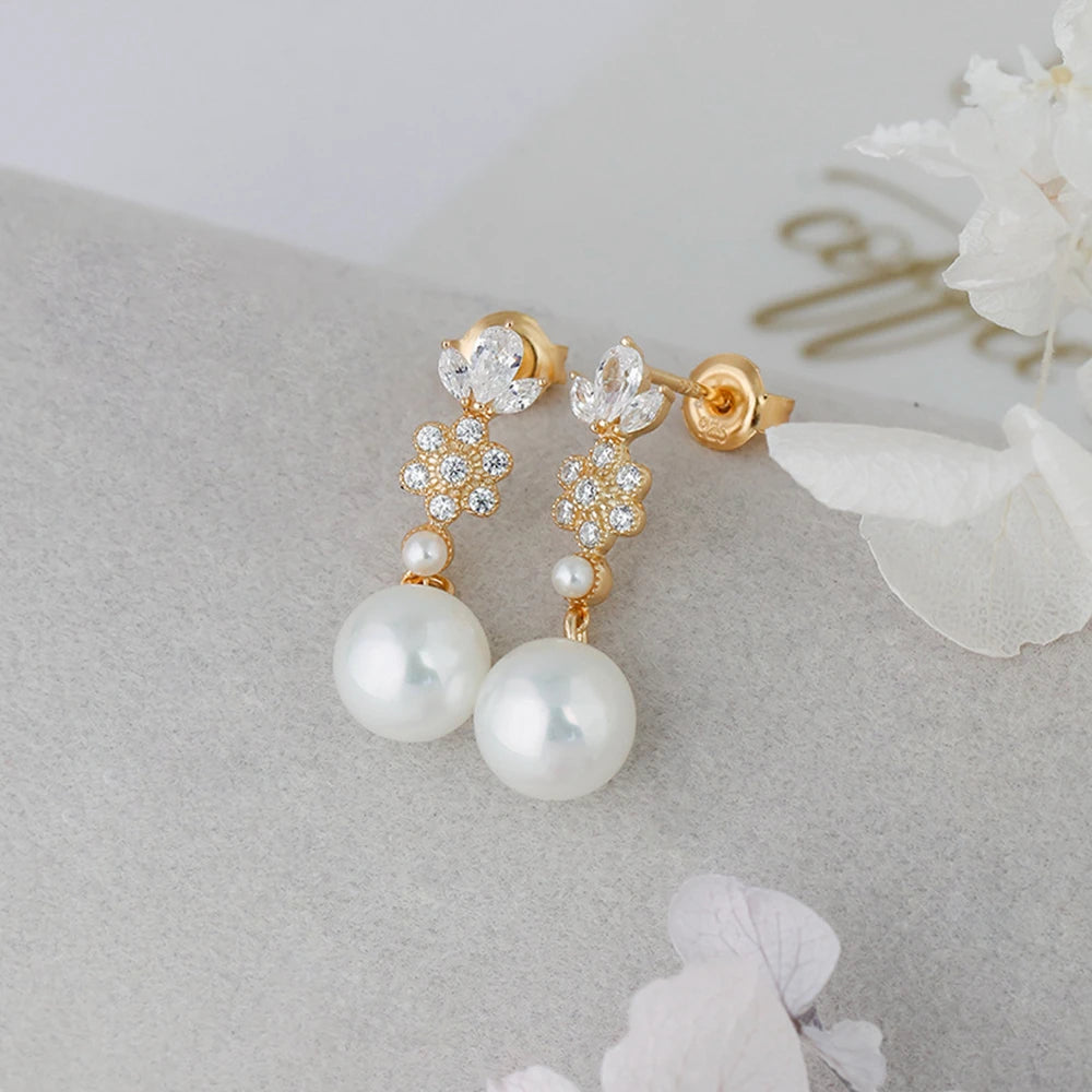 Emotional Factory 925 Sterling Silver 14K Gold Plated Gem Stone Gemstone Cz Zircon Flower Pearl Earrings