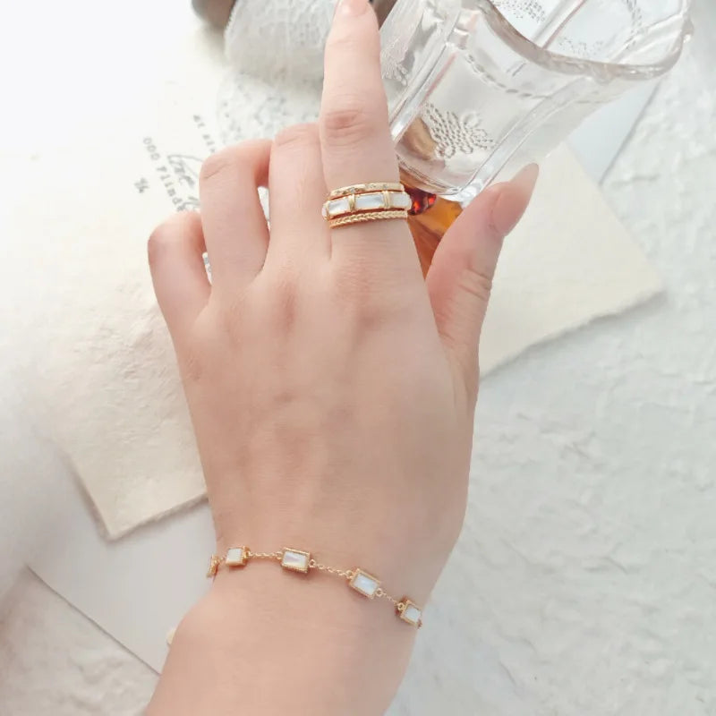 Pulsera De Piedras Preciosas 925 Sterling Silver 14K Gold Plated Gemstone Sample Rectangular Geometry White Shell Bracelet