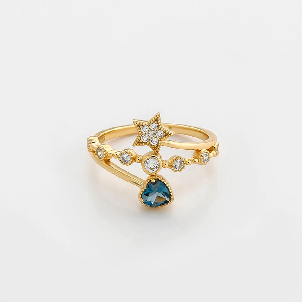 Emotional Factory 925 Sterling Silver 14K Gold Plated Gem Stone Gemstone Star Heart Cz Zircon London Blue Topaz Ring