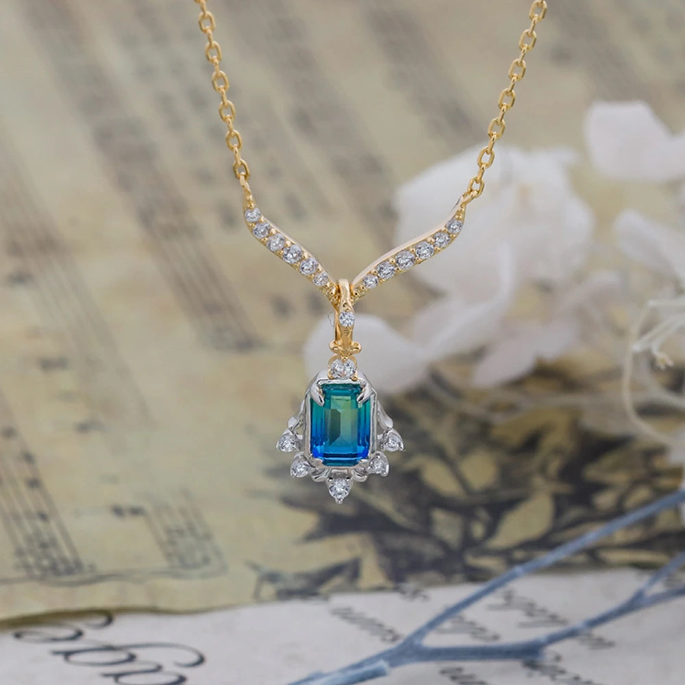 925 Sterling Silver 14K Gold Plated Gemstone Geometrical Dreams Galactic Star Fantasy Blue-Green Quartz Stone Necklace