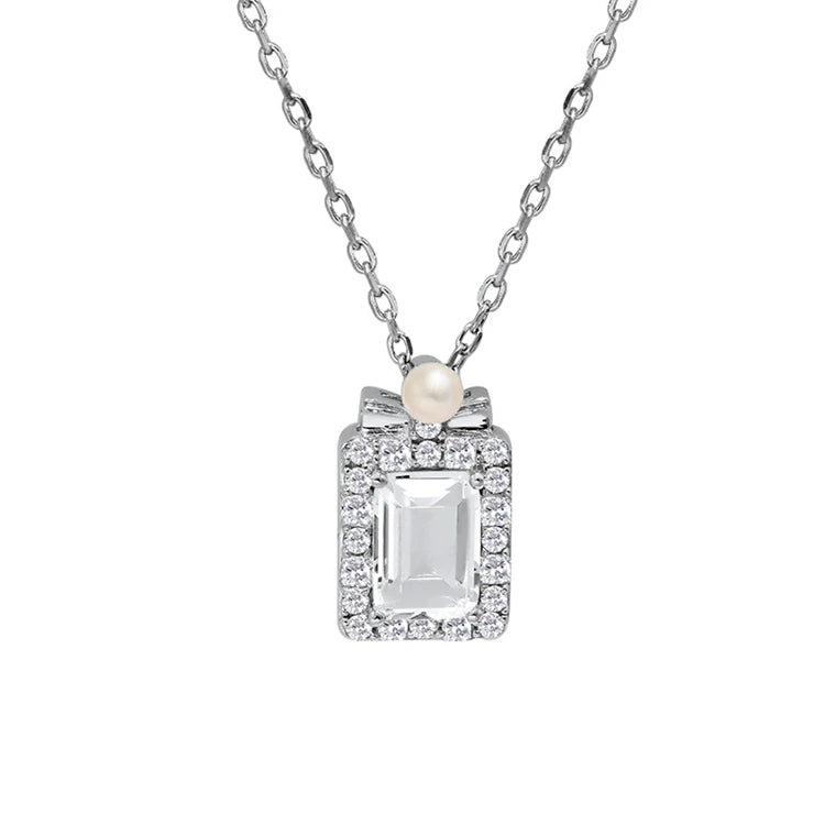 Emotional Factory 925 Sterling Silver 14K Gold Plated Gemstone Geometric Crystal Pearl White Zircon Pendant Necklace