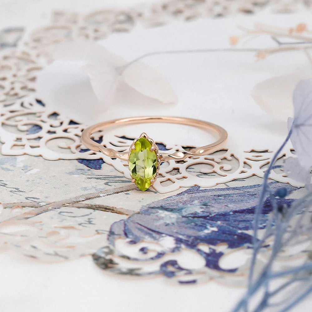 925 Sterling Silver 14K Gold Plated Natural Stone Gemstone Vintage Simplicity Drop Green Peridot Ring With Natural Stone